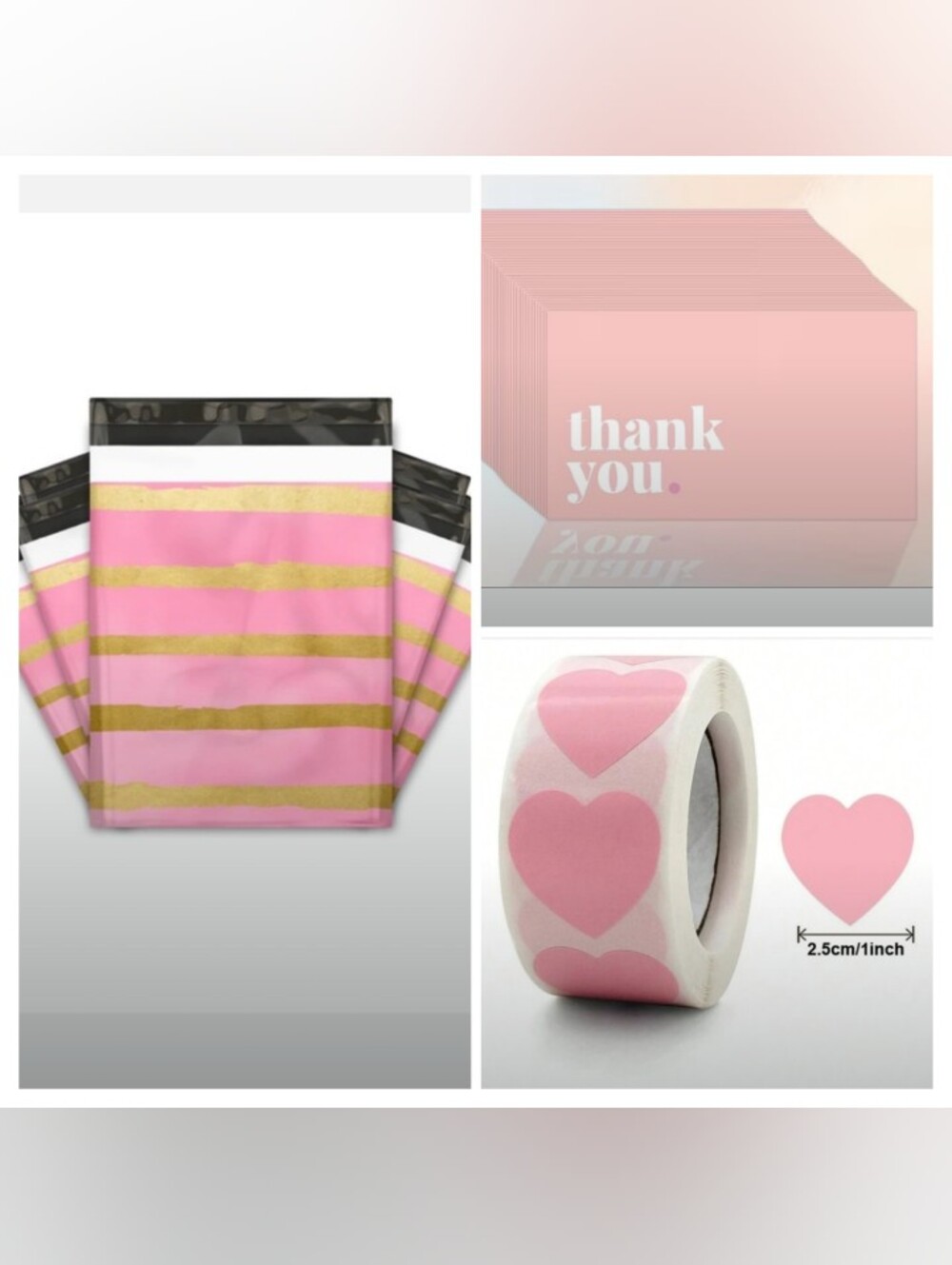 30pc- Striped Poly Mailers- Thank You Cards & Heart Sticker Bundle (Pink 🩷)